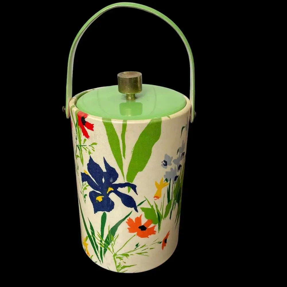 Vintage Vinyl Floral Ice Bucket MCM Retro Iris Spring Flower Big Insulated FLAW